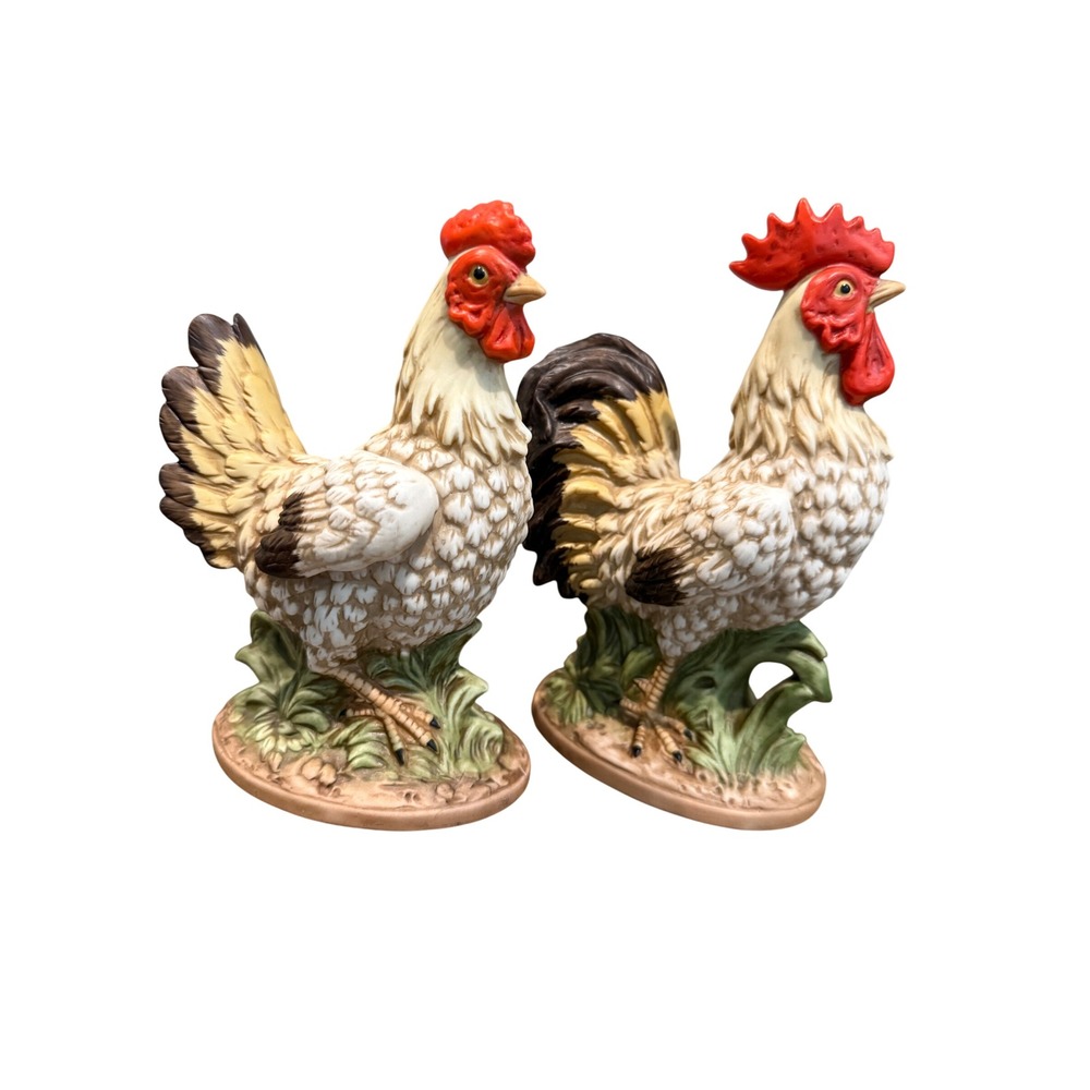 Vintage Style Ceramic Rooster Figurines Set of 2 Farmhouse Kitchen Decor 6 inch